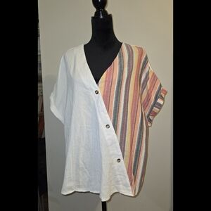 White and Brown Asymmetrical Short Sleeve Button Down Shirt